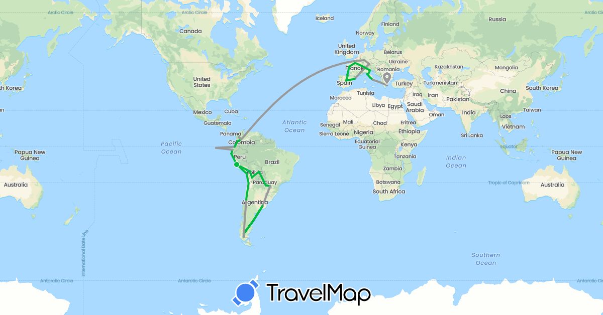 TravelMap itinerary: driving, bus, plane, boat in Argentina, Bolivia, Chile, Colombia, Germany, Ecuador, Spain, France, Greece, Italy, Peru, Paraguay (Europe, South America)